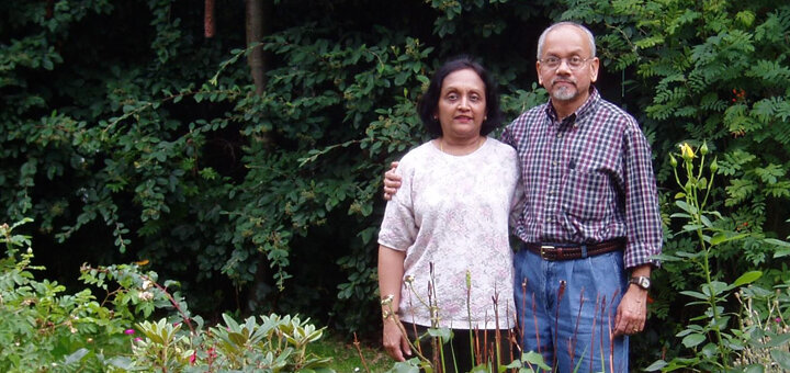 Mukund, Alzheimer's Association volunteer, and wife in garden