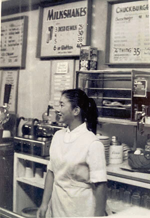 Eiko, before her dementia, working at a coffee shop in Japantown